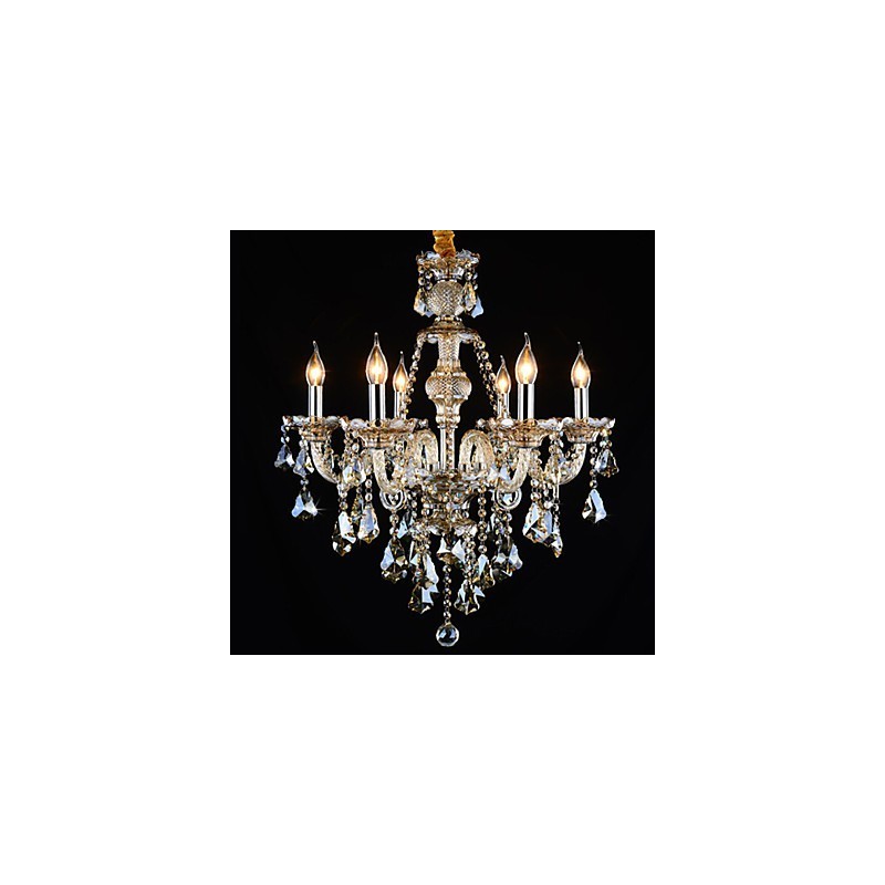 Lámpara de araña moderna de cristal color coñac de 6 luces, estilo contemporáneo.