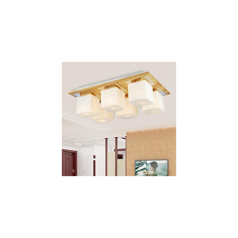 Lámpara de techo de roble, seis luces, roble y cristal, 220-240 V