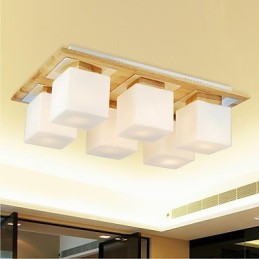 Lámpara de techo de roble, seis luces, roble y cristal, 220-240 V