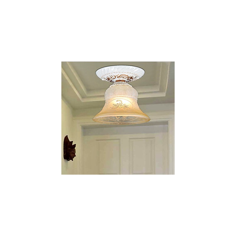 Lámpara de techo empotrada blanca con pantalla de cristal dorado a mano, estilo retro europeo clásico