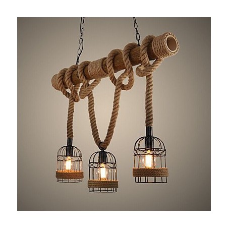 Lámpara de araña de cuerda de tres cabezas de bambú estilo retro estilo country americano Lámpara de araña de cuerda de tres cabezas de bambú estilo retro estilo country americano