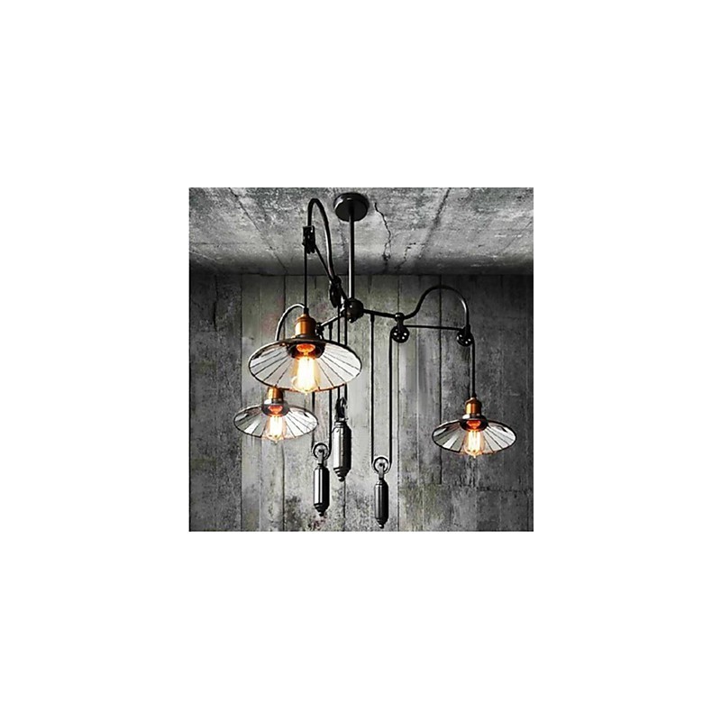 Lámpara colgante vintage Pully para vestíbulo de 3 islas, metal y pantalla interior de vidrio