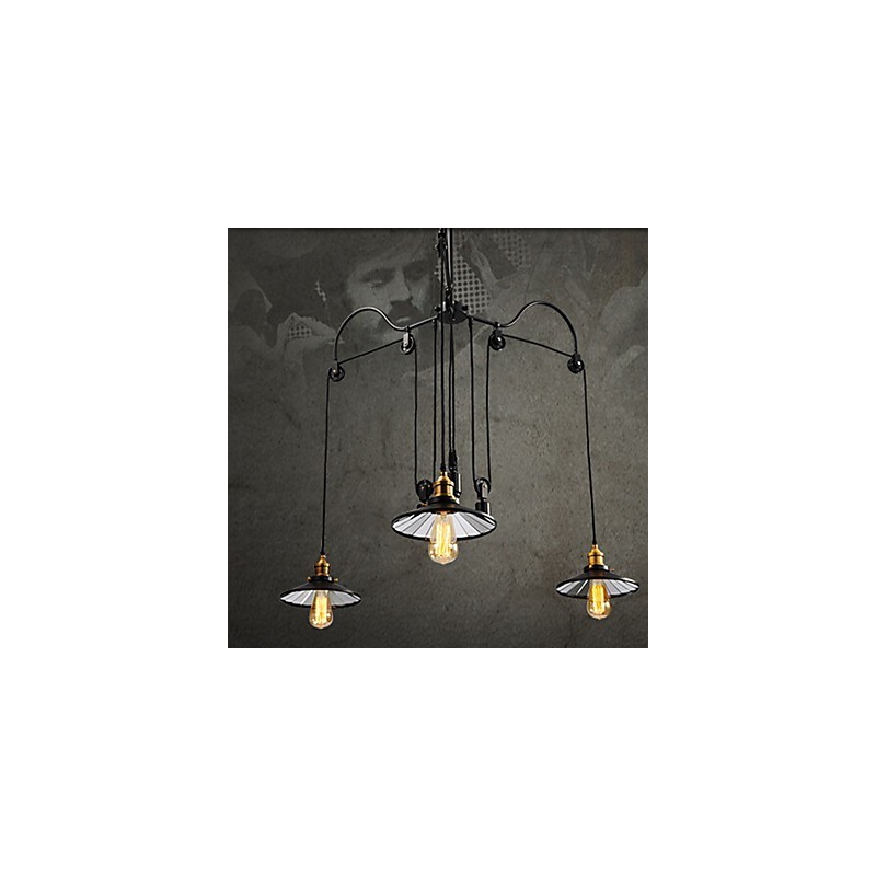 Lámpara colgante vintage Pully para vestíbulo de 3 islas, metal y pantalla interior de vidrio