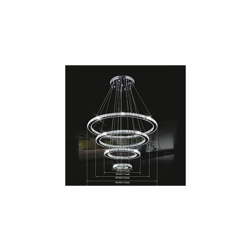 Lámpara colgante de cristal para techo, cristal transparente, redonda, 4 anillos, 40 cm, 60 cm y 80 cm.