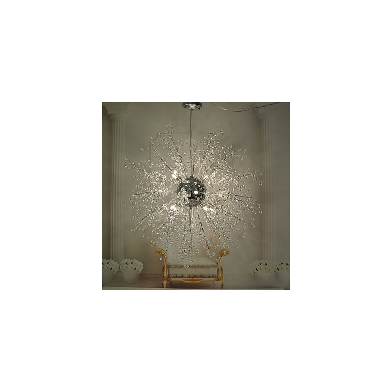 Lámpara colgante de araña de metal cromado con forma de globo de cristal