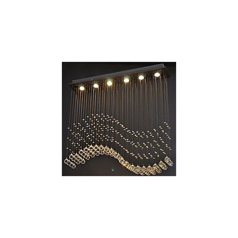 Lámpara colgante de 6 luces moderna plateada con ondas de cristal transparente, accesorios de iluminación de techo