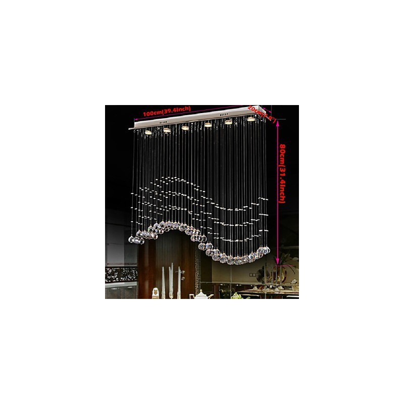 Lámpara colgante de 6 luces moderna plateada con ondas de cristal transparente, accesorios de iluminación de techo