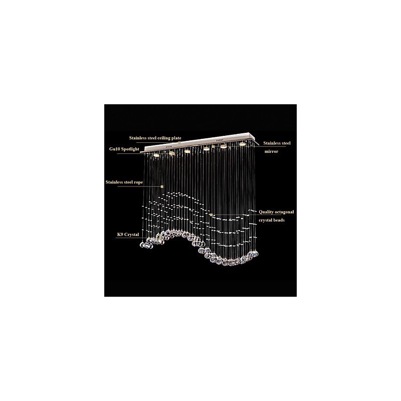 Lámpara colgante de 6 luces moderna plateada con ondas de cristal transparente, accesorios de iluminación de techo