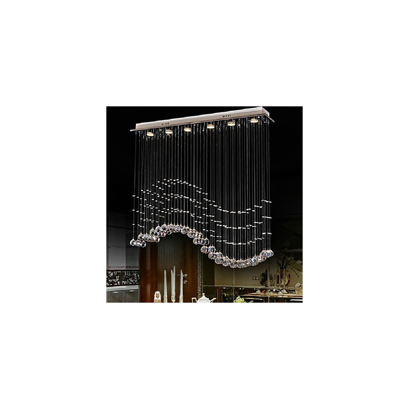 Lámpara colgante de 6 luces moderna plateada con ondas de cristal transparente, accesorios de iluminación de techo