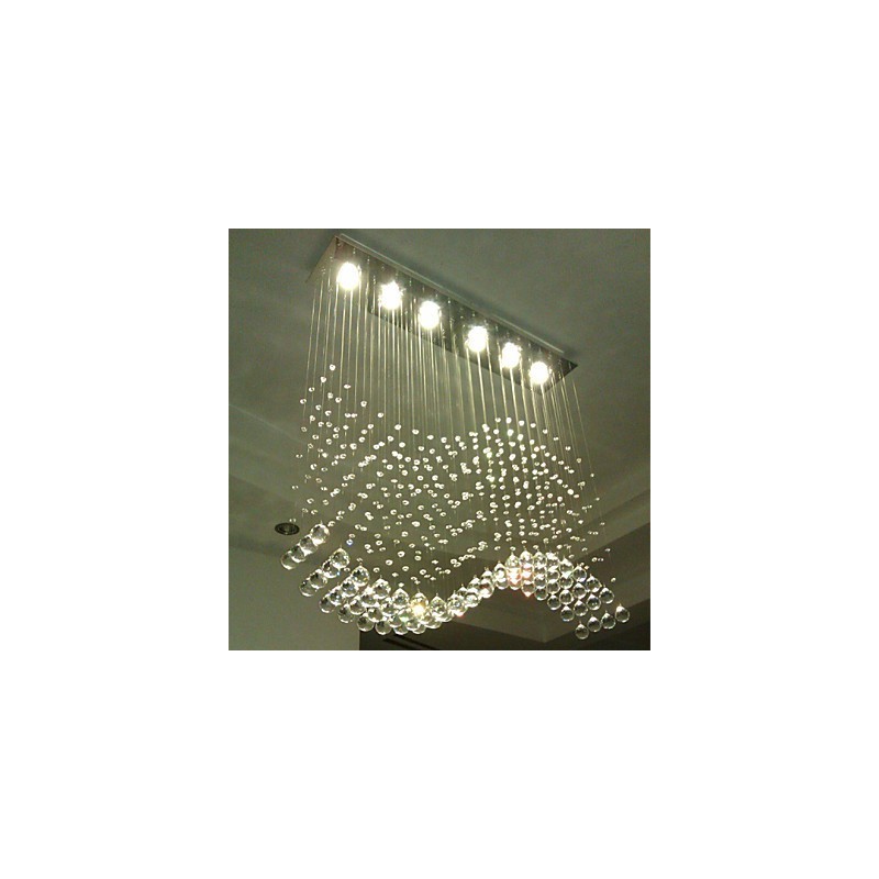 Lámpara colgante de 6 luces moderna plateada con ondas de cristal transparente, accesorios de iluminación de techo