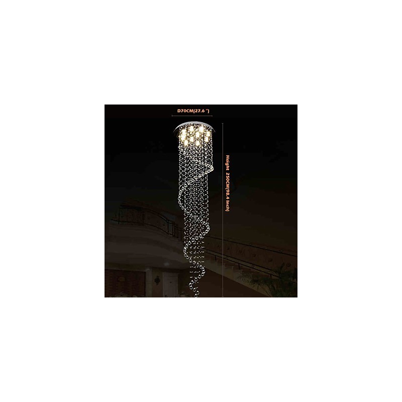 Lámpara colgante de cristal moderna, lámpara de araña con espiral simple, diámetro 70 cm, altura 250 cm.
