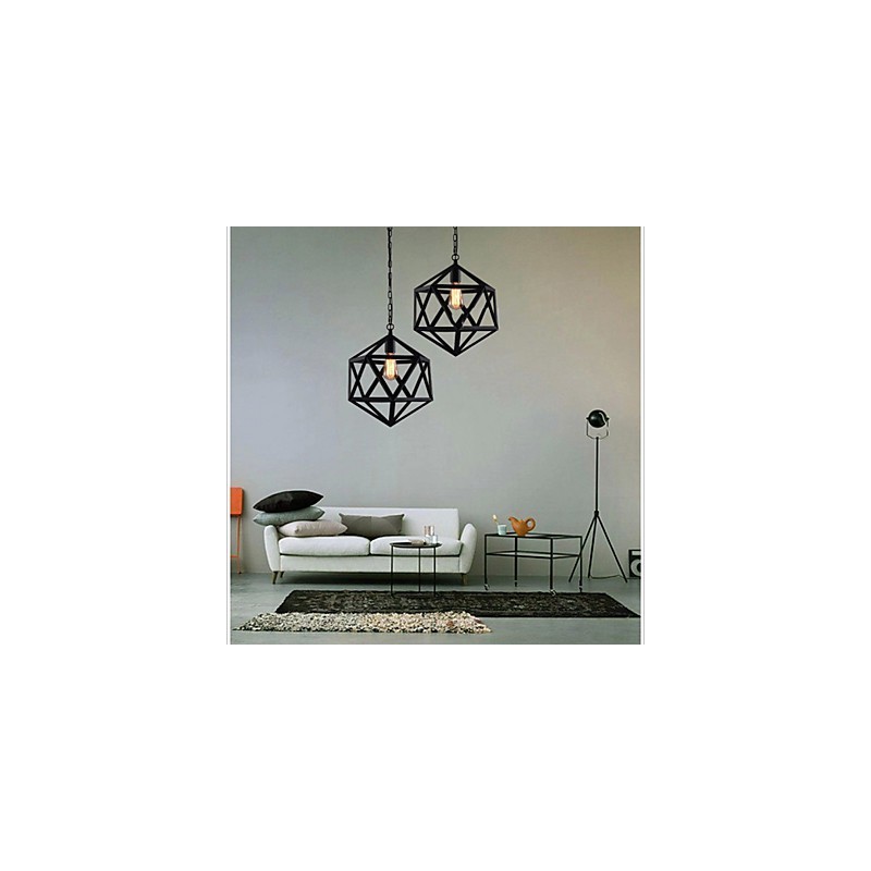 Lámpara colgante industrial retro de hierro forjado con diseño de hexaedro y originalidad artística.