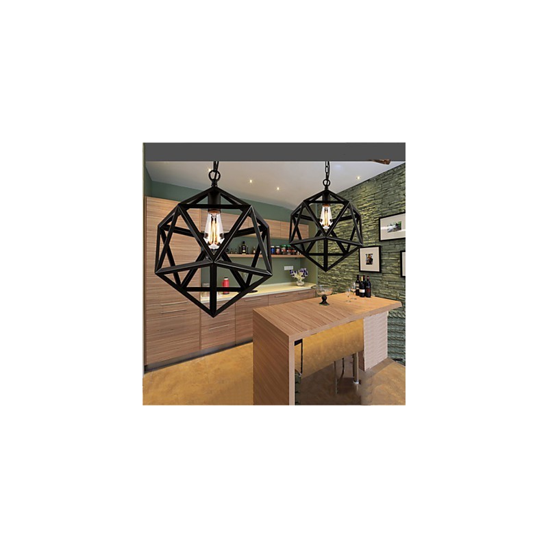 Lámpara colgante industrial retro de hierro forjado con diseño de hexaedro y originalidad artística.