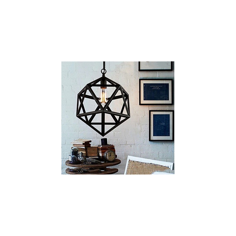 Lámpara colgante industrial retro de hierro forjado con diseño de hexaedro y originalidad artística.