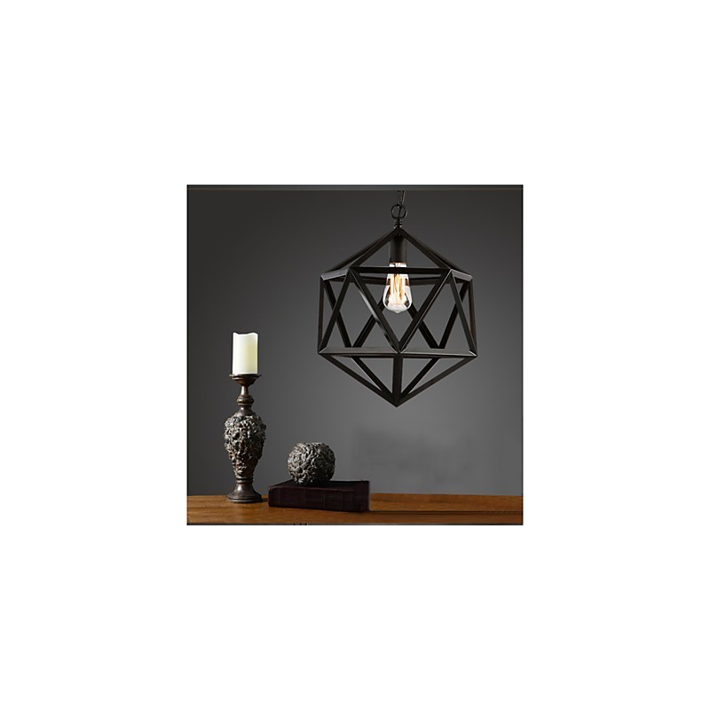 Lámpara colgante industrial retro de hierro forjado con diseño de hexaedro y originalidad artística.
