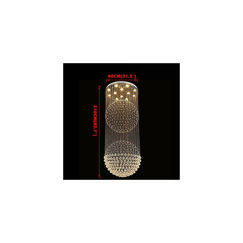 Lámpara colgante moderna de cristal de 12 luces con dosel plateado y globo de cristal transparente.