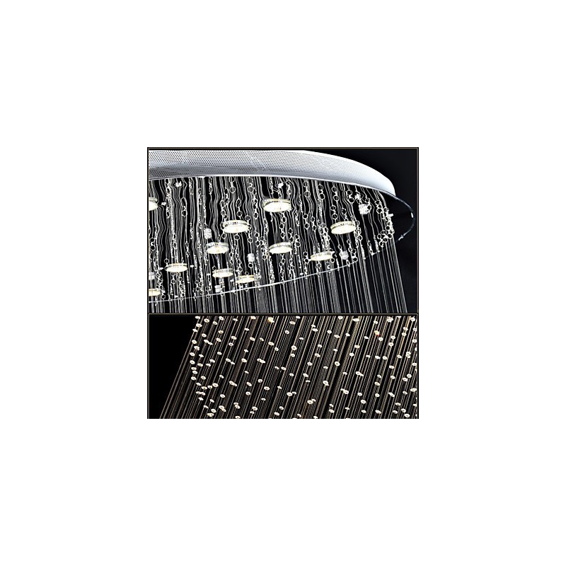 Lámpara colgante moderna de cristal de 12 luces con dosel plateado y globo de cristal transparente.