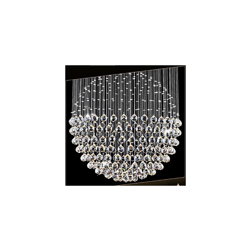 Lámpara colgante moderna de cristal de 12 luces con dosel plateado y globo de cristal transparente.