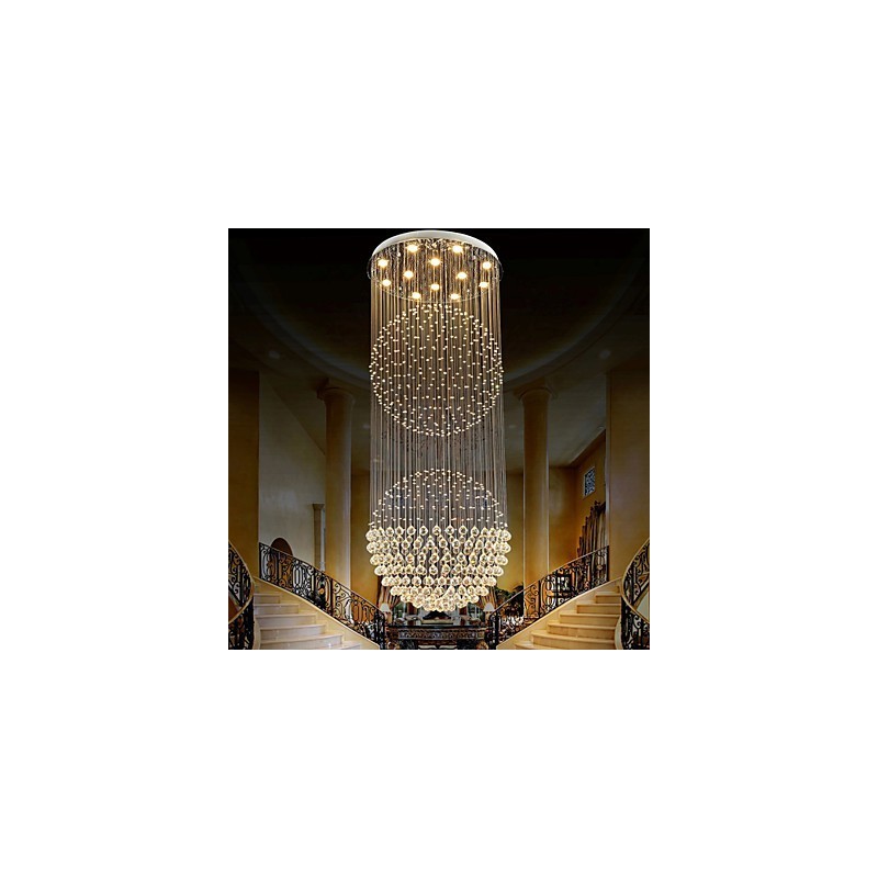 Lámpara colgante moderna de cristal de 12 luces con dosel plateado y globo de cristal transparente.