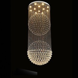 Lámpara colgante moderna de cristal de 12 luces con dosel plateado y globo de cristal transparente.
