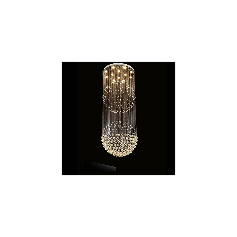 Lámpara colgante moderna de cristal de 12 luces con dosel plateado y globo de cristal transparente.