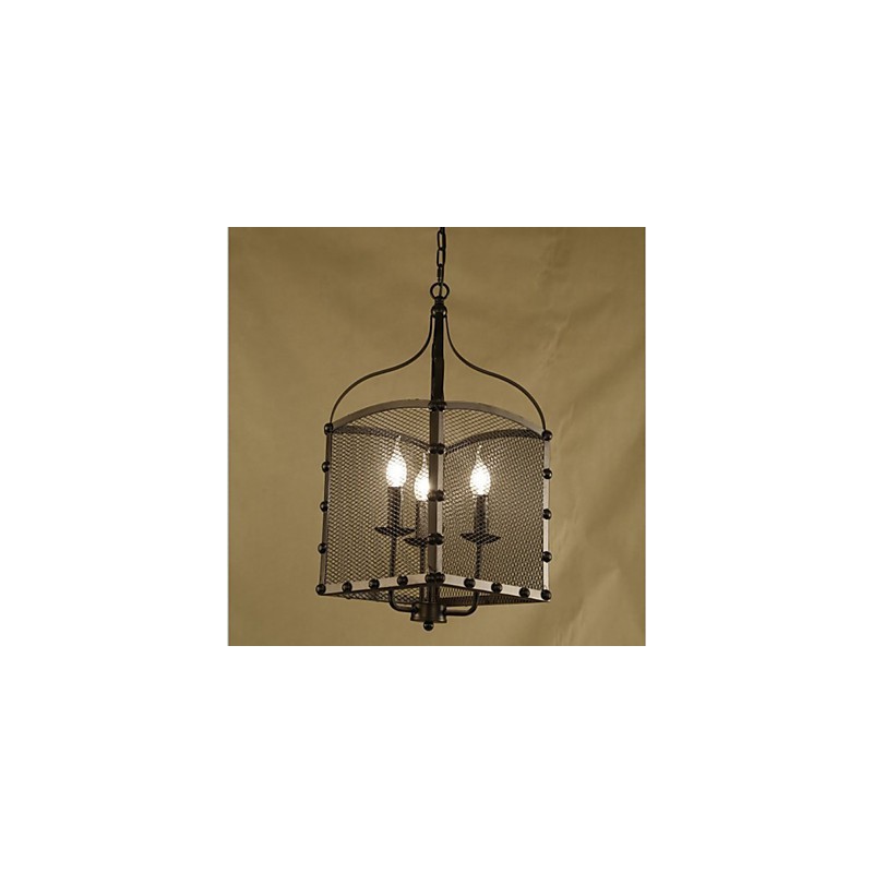 Lámpara de araña de hierro forjado estilo cafetería industrial retro con cubierta de red