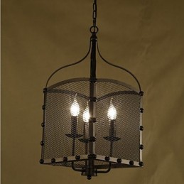 Lámpara de araña de hierro forjado estilo cafetería industrial retro con cubierta de red