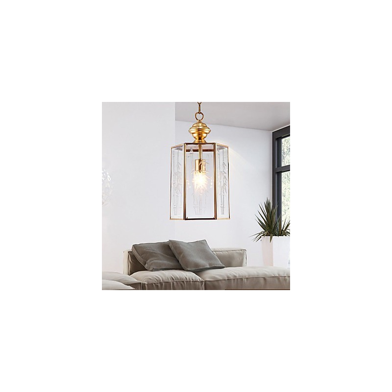 Lámpara colgante pequeña estilo country americano, de cobre y vidrio simple.