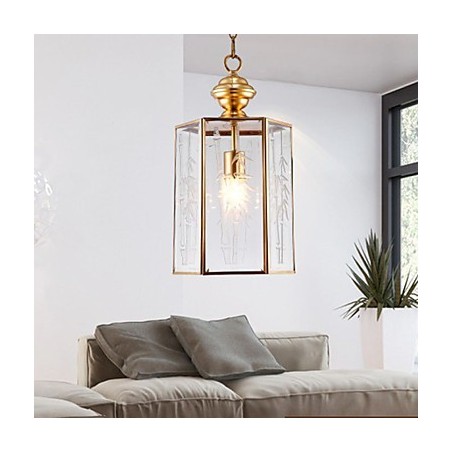 Lámpara colgante pequeña estilo country americano, de cobre y vidrio simple. Lámpara colgante pequeña estilo country americano, de cobre y vidrio simple.