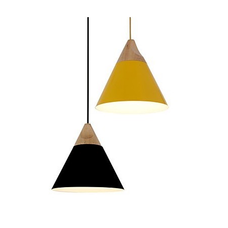 Lámpara colgante mini de cono artístico, 1 luz, acabado moderno y sencillo, aluminio y madera en negro, blanco y amarillo.