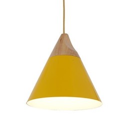 Lámpara colgante mini de cono artístico, 1 luz, acabado moderno y sencillo, aluminio y madera en negro, blanco y amarillo.
