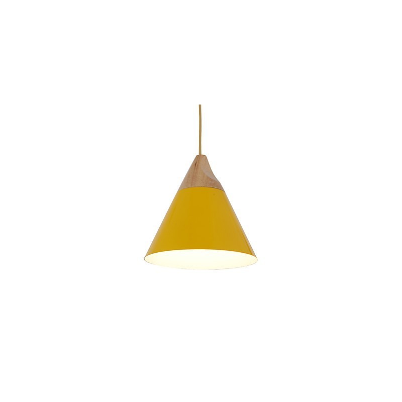 Lámpara colgante mini de cono artístico, 1 luz, acabado moderno y sencillo, aluminio y madera en negro, blanco y amarillo.