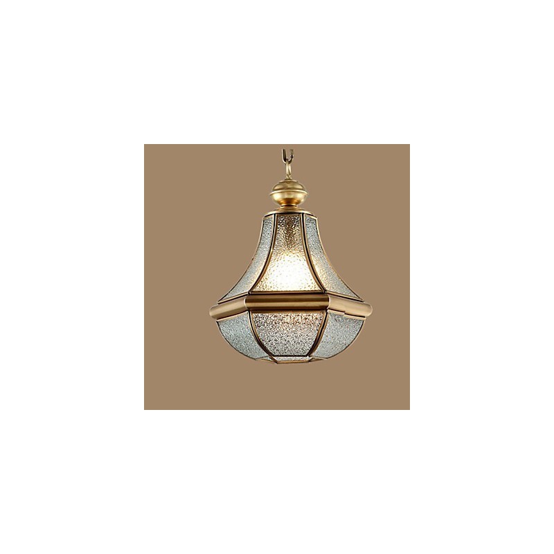 Lámpara colgante pequeña estilo country americano, de cobre y vidrio simple.
