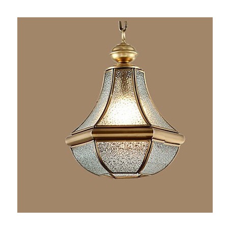 Lámpara colgante pequeña estilo country americano, de cobre y vidrio simple. Lámpara colgante pequeña estilo country americano, de cobre y vidrio simple.